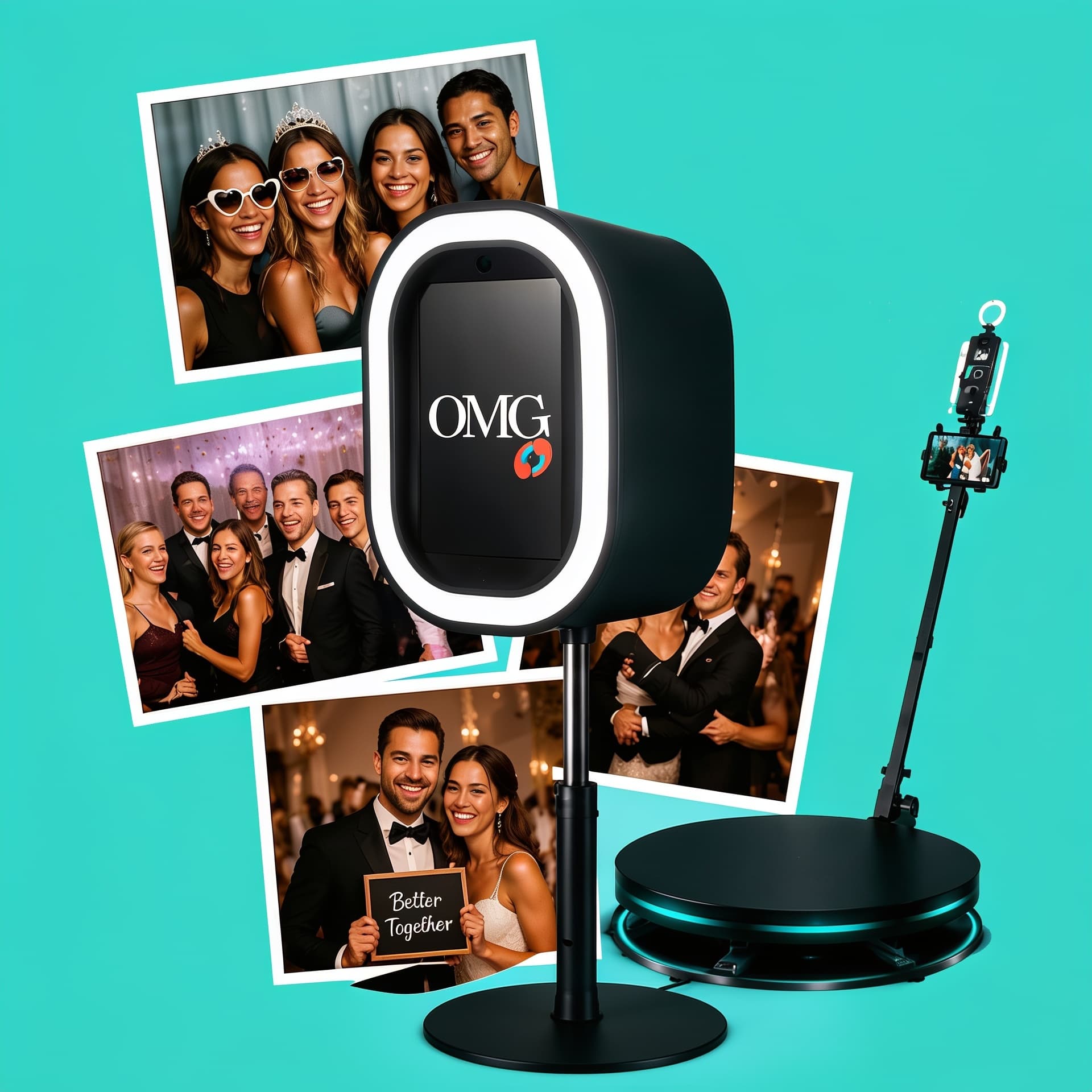 OMG photo booth device beside a collage of guests posing at weddings and events